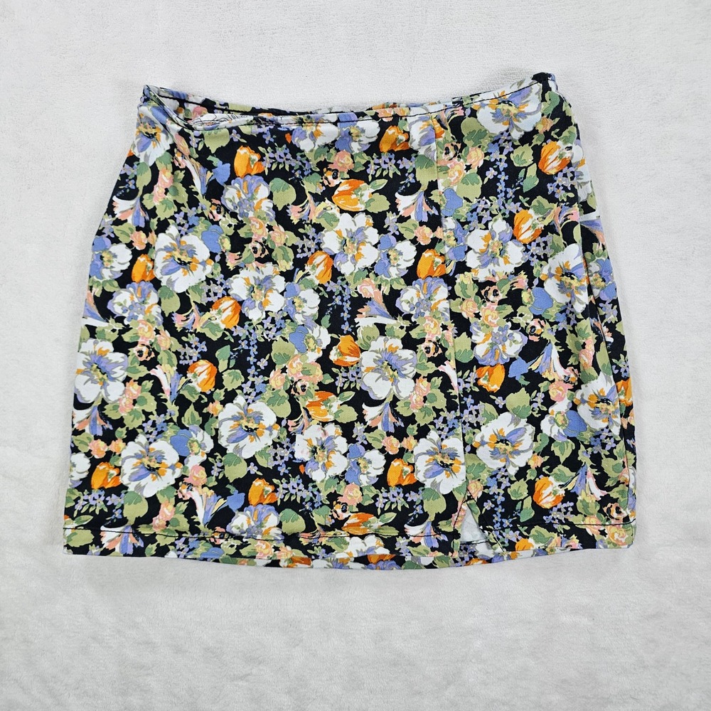 Wild Fable Floral Mini Skirt Black Blue Orange Side Slit Size 8 F00317324
